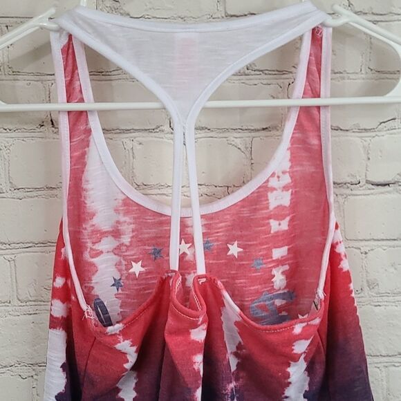 Women's Americana Tie Dye Red White Blue Tee BLESSED Crop Tank Top Lace Fringe - Picture 8 of 8